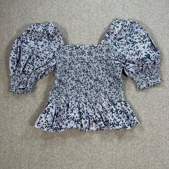 CeCe Puff Sleeve Top Women's Large Purple Floral Square Neck Smocked Ruffle - Picture 8 of 9